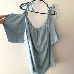 Reformation Womens Boho Blouse Blue Short Sleeve L